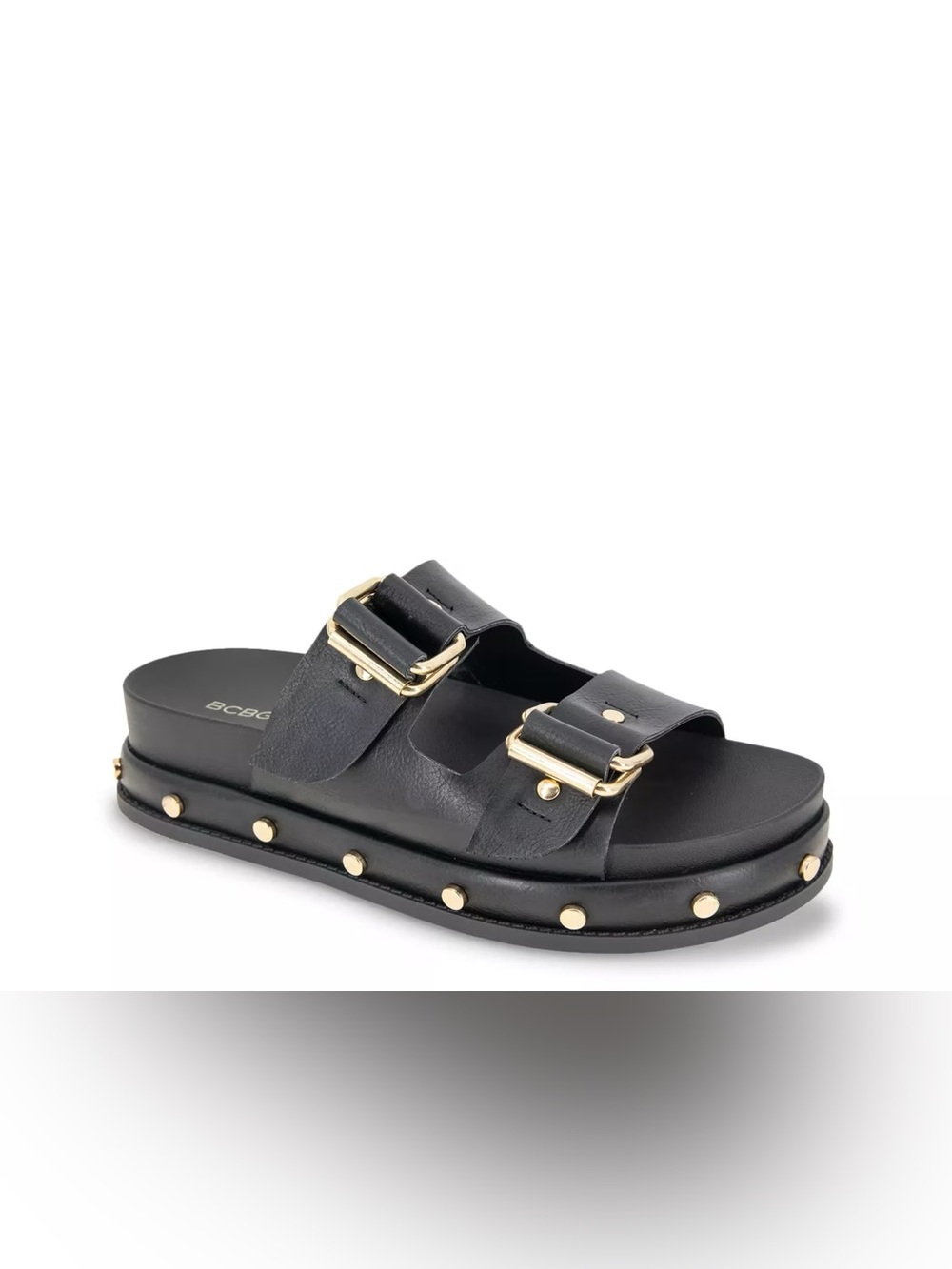 BCBG Black Leather Double-Buckle Slide Sandals with Gold Accents